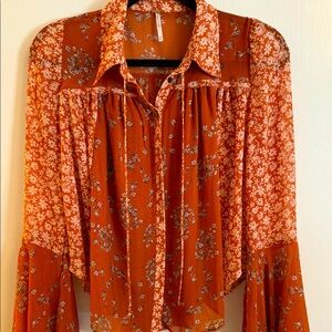 Free People bell sleeve orange floral blouse